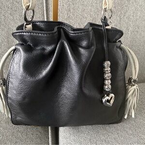 Brighton Black/Cream Pebbled Leather Bag with Tassels. 10x10